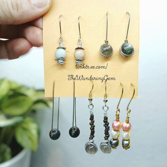 2/$50 - 5 Piece Gemstone Beaded Dangle Earring Set Boho Grey Pink Fairy Core - Picture 1 of 5